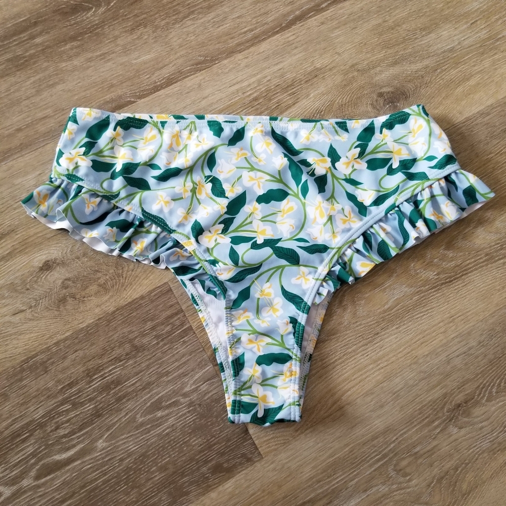 NWOT Floralkini Floral Print High Waist Ruffle Bikini Bottom Size Large
